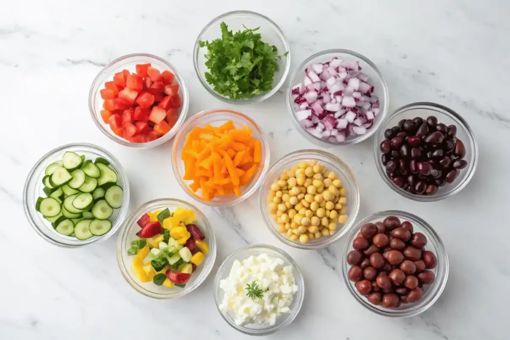 Glass bowls filled with chopped vegetables, beans, olives, and cheese arranged on a marble surface.