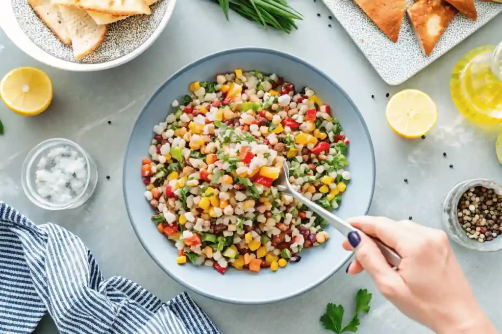 Hand scooping vibrant dense bean salad with bell peppers and herbs in a blue bowl surrounded by lemon, spices, and flatbread.