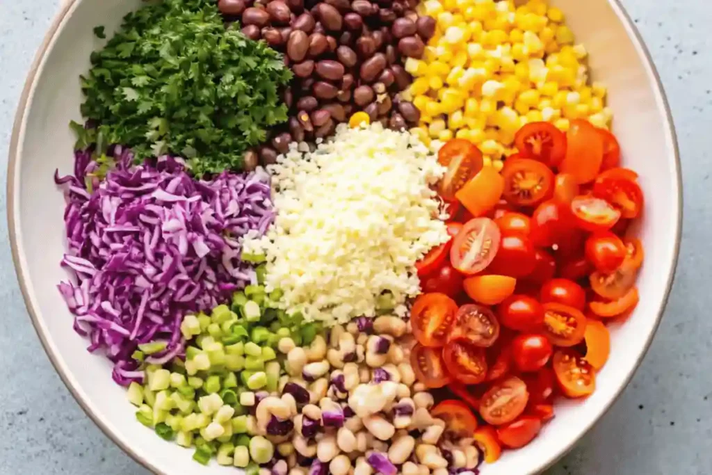 Bowl of colorful dense bean salad ingredients including cherry tomatoes, corn, cabbage, beans, cheese, and herbs.