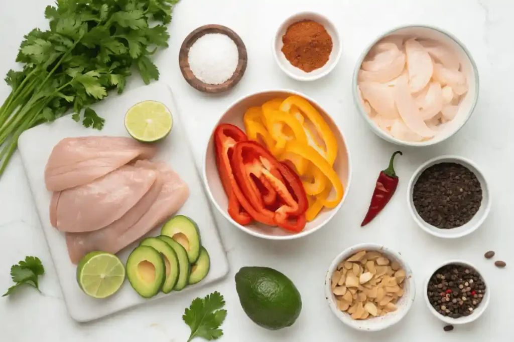 Fresh ingredients for fajita chicken bowl including raw chicken, bell peppers, avocado, lime, and spices on a white background