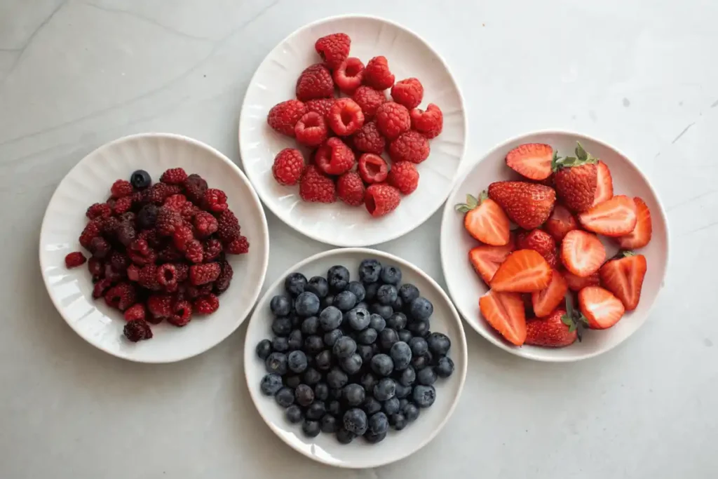 Plates of fresh raspberries, strawberries, blueberries, and blackberries for berry chantilly cake