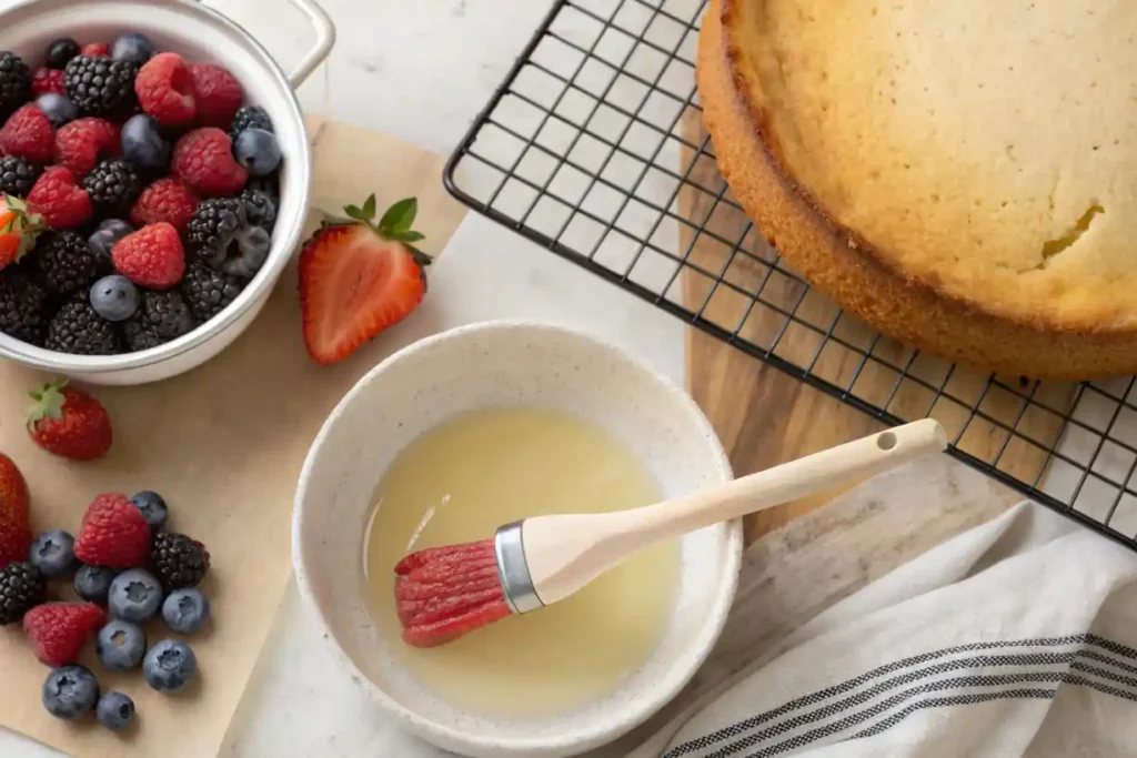 Fresh berries and simple syrup with baked cake layer for Publix Chantilly Cake