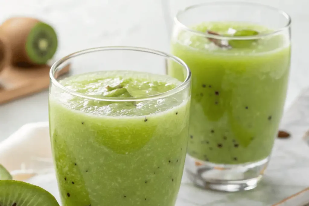 Refreshing kiwi juice recipe served in clear glasses with fresh fruit