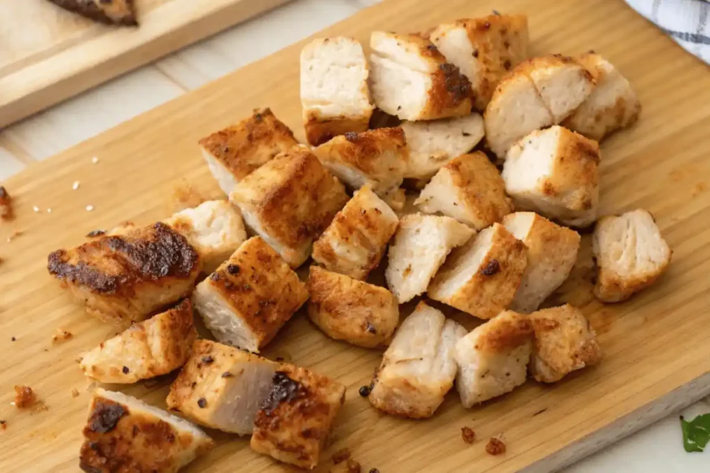 Golden brown cooked chicken breast cut into small, juicy cubes on a wooden cutting board