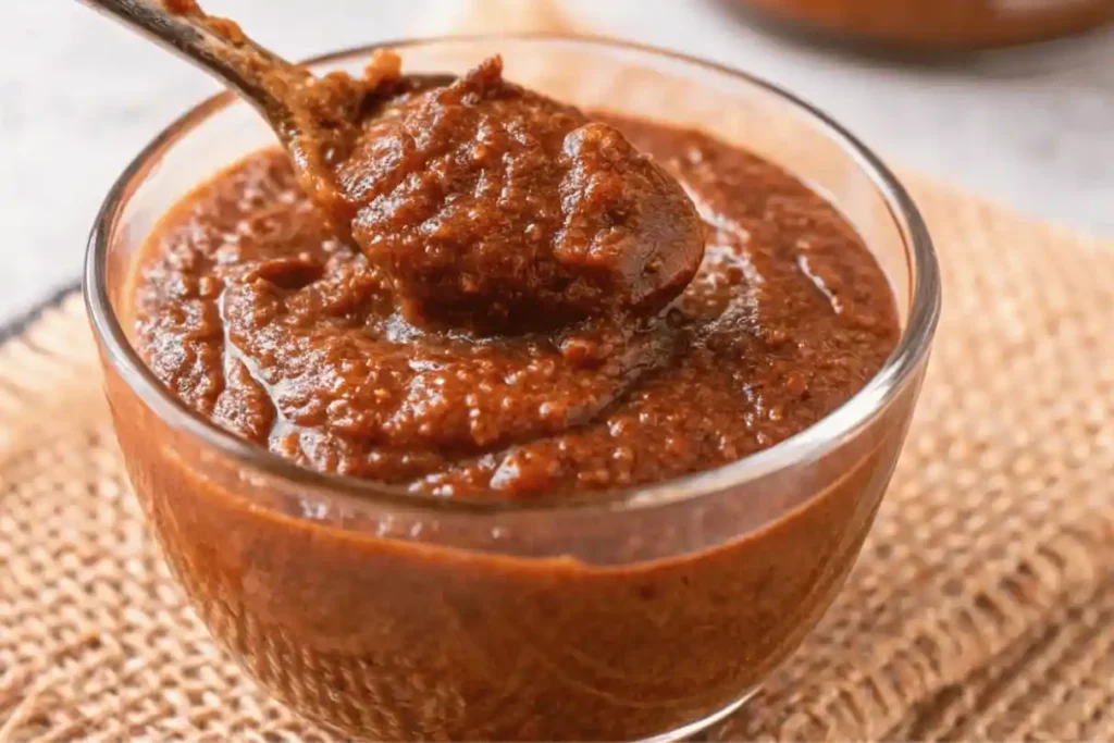 Spoonful of homemade Hello Fresh Tex Mex paste in a glass bowl on burlap