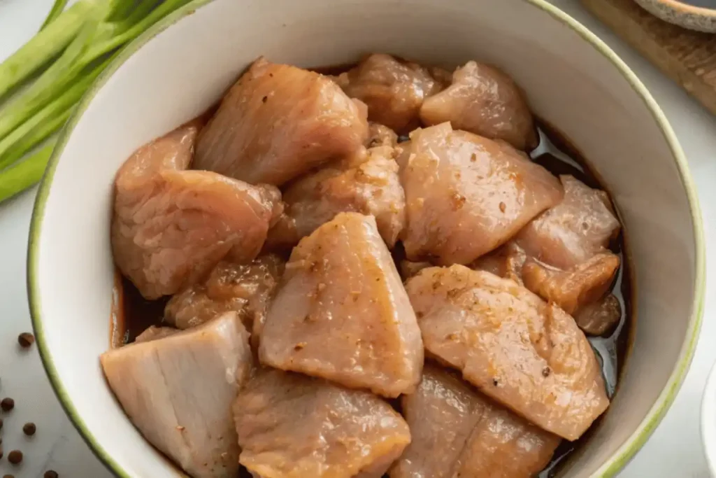 Chicken pieces marinating in soy sauce and pepper for Black Pepper Chicken