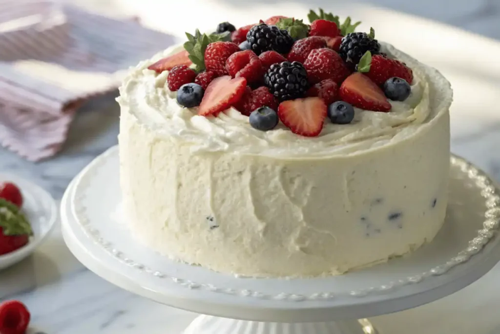 Fully frosted Publix Chantilly Cake topped with fresh berries on a white cake stand