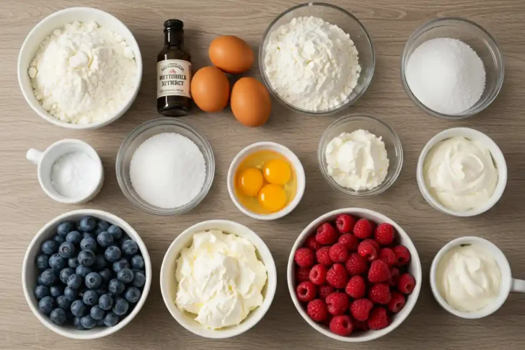 Publix Chantilly Cake ingredients including berries, eggs, cream, and extracts