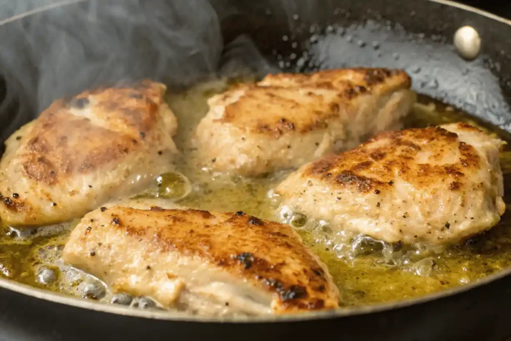 Chicken searing in a wok for Black Pepper Chicken with golden crust