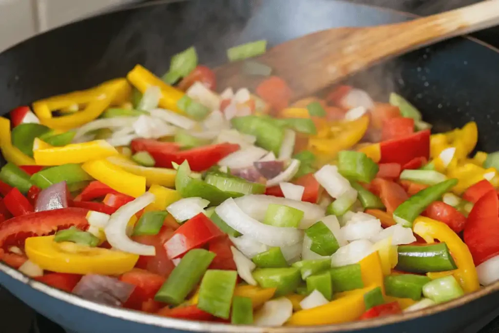 Vegetables stir-frying for Black Pepper Chicken with bright colors