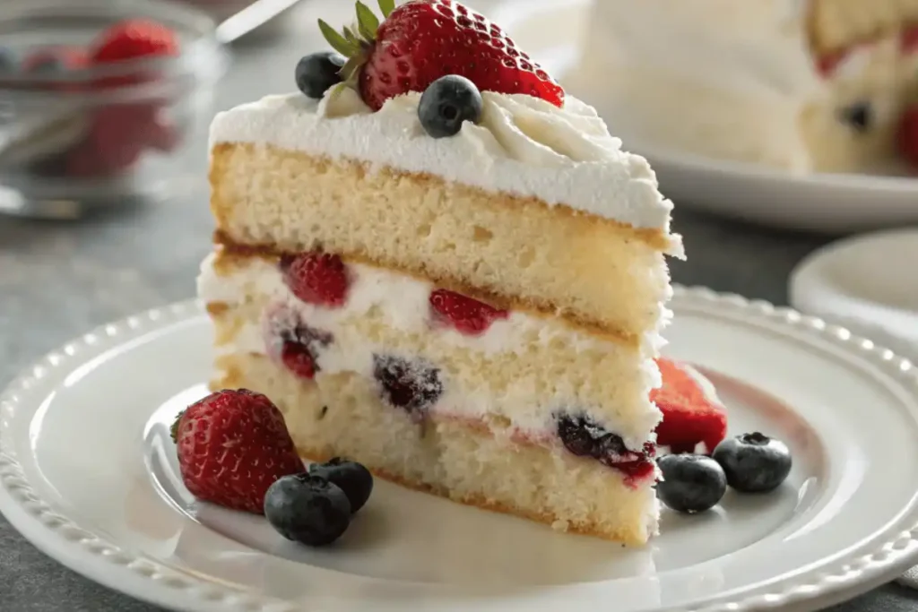 Slice of Publix Chantilly Cake with berries and whipped mascarpone cream