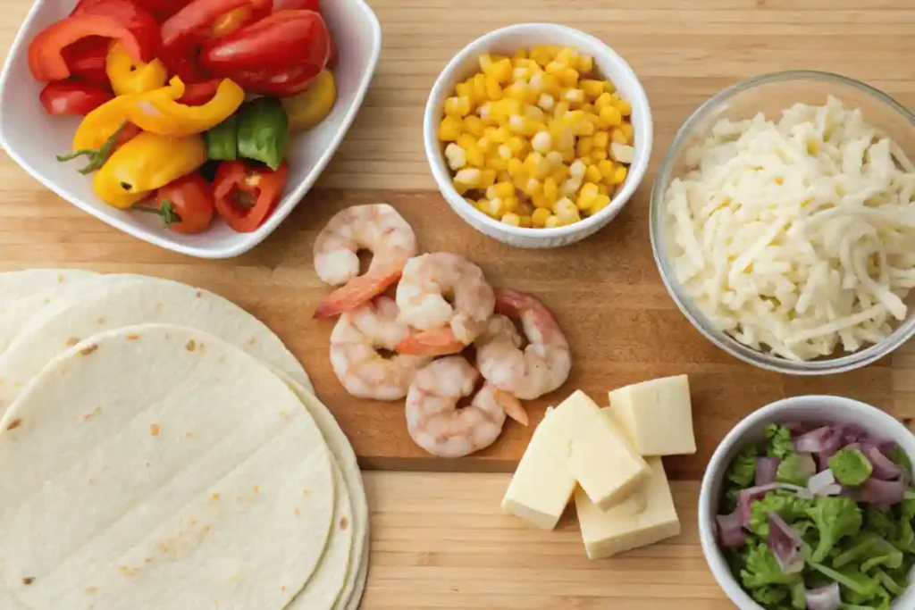 Tacos gobernador recipe ingredients laid out on a wooden kitchen surface
