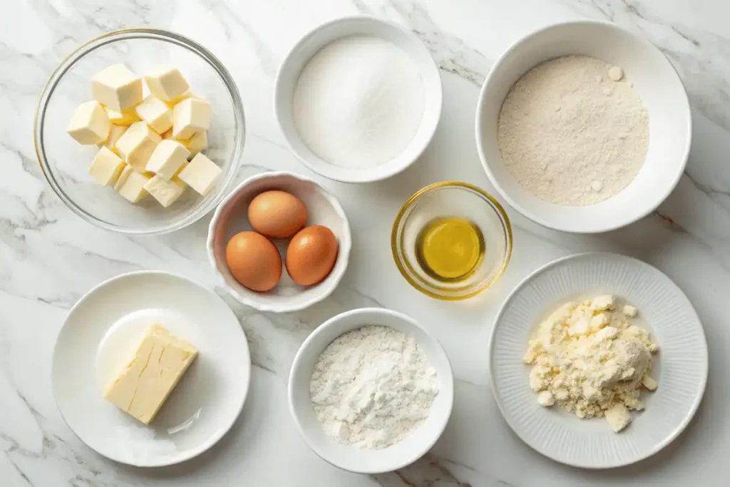 Measured ingredients for vanilla cake including butter, oil, flour, eggs, and sugar for berry chantilly cake