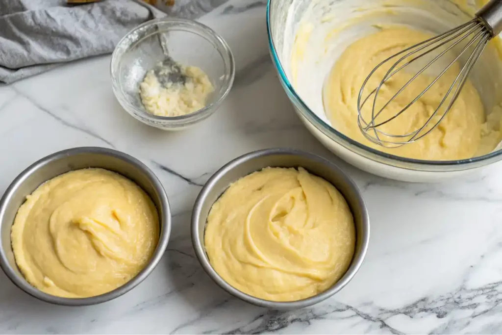 Almond vanilla cake batter in pans for Publix Chantilly Cake