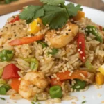 Colorful arroz frito with shrimp, bell peppers, green onions, and sesame seeds garnished with cilantro and lemon wedges