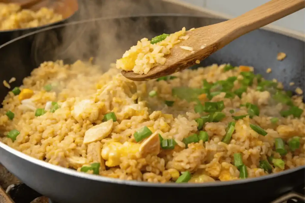 Steaming arroz frito being stirred with a wooden spoon in a skillet, mixed with egg, green onions, and golden rice