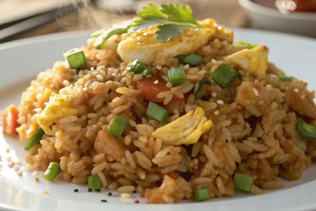 Close-up of arroz frito served on a white plate with egg, green onions, cilantro, and sesame seeds