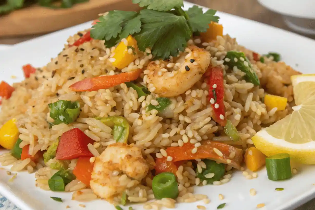 Colorful arroz frito with shrimp, bell peppers, green onions, and sesame seeds garnished with cilantro and lemon wedges