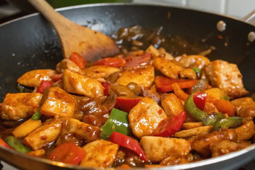 Chicken and vegetables tossed with sauce for Black Pepper Chicken