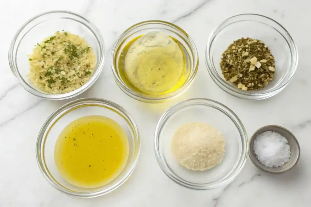 Bowls of olive oil, lemon juice, Dijon mustard, minced garlic, oregano, and salt arranged on marble.