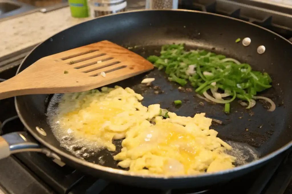 Scrambled eggs and sautéed green onions cooking side by side in a skillet with a wooden spatula