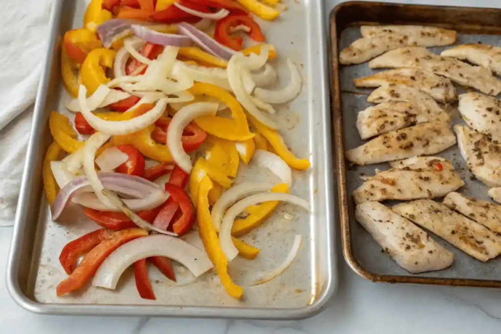 Before and after view of fajita chicken bowl prep with seasoned chicken and peppers roasted on a sheet pan