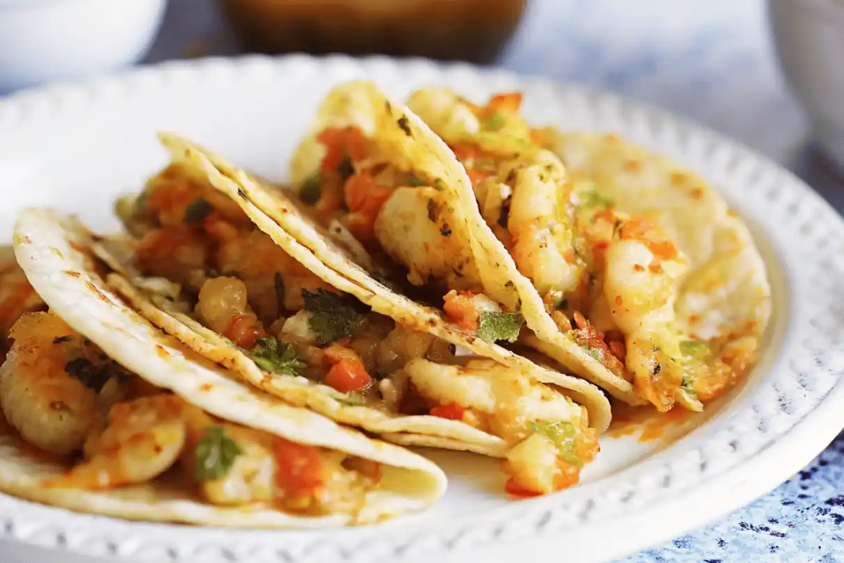 Shrimp and cheese Tacos Gobernador recipe on a white plate