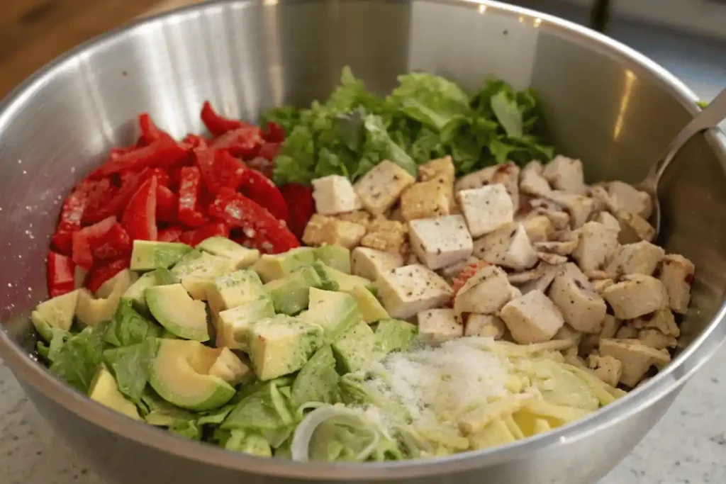 Large stainless steel bowl filled with chopped chicken, romaine lettuce, avocado, red bell peppers, and shredded parmesan for Caesar wrap preparation