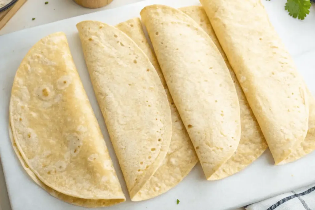Soft burrito-sized flour tortillas folded in half on a white surface, ready for wrapping Chicken Caesar ingredients