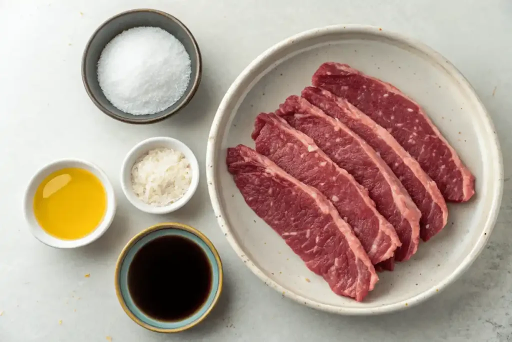 Raw flank steak slices with small bowls of soy sauce, peanut oil, cornstarch, and baking soda on a white surface