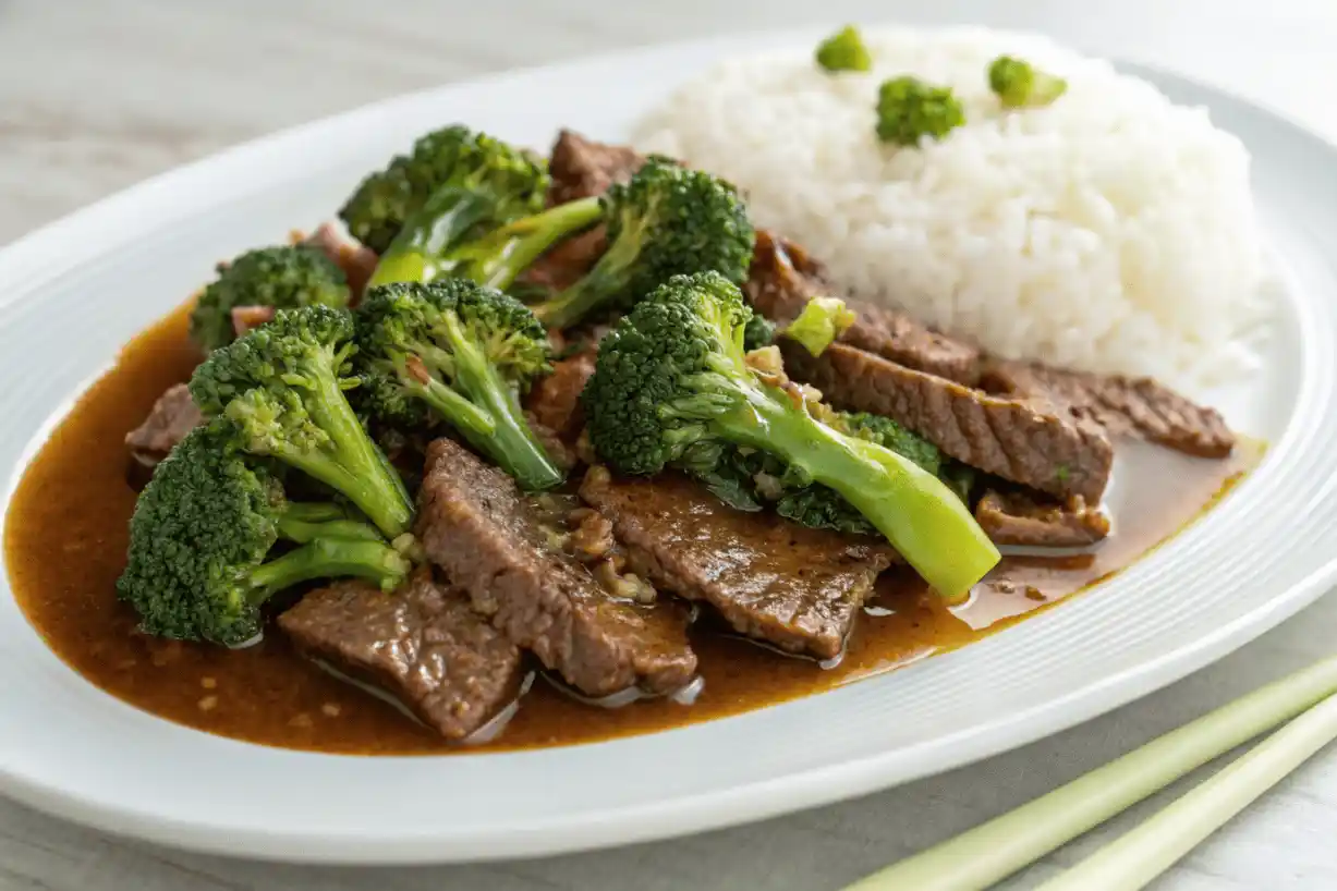 Chinese beef and broccoli with tender slices of beef, bright green broccoli, and glossy brown sauce served with white rice on a white plate