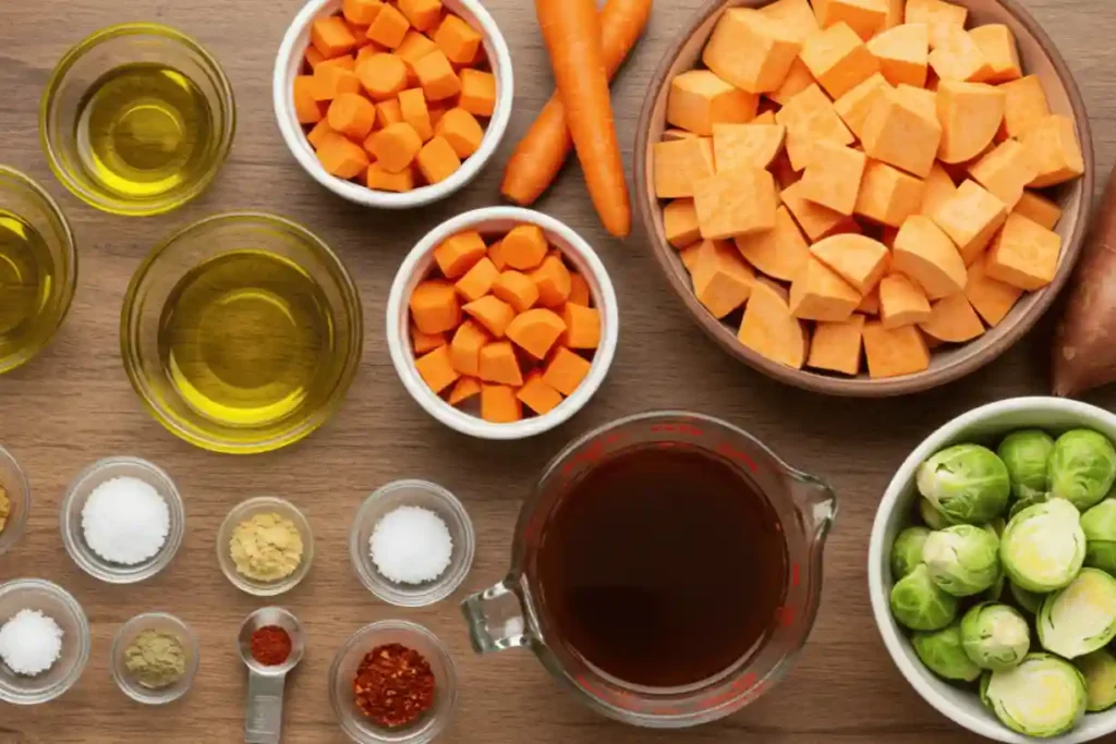 Diced carrots, sweet potatoes, Brussels sprouts, spices, olive oil, and beef broth arranged on a wooden surface for cooking preparation
