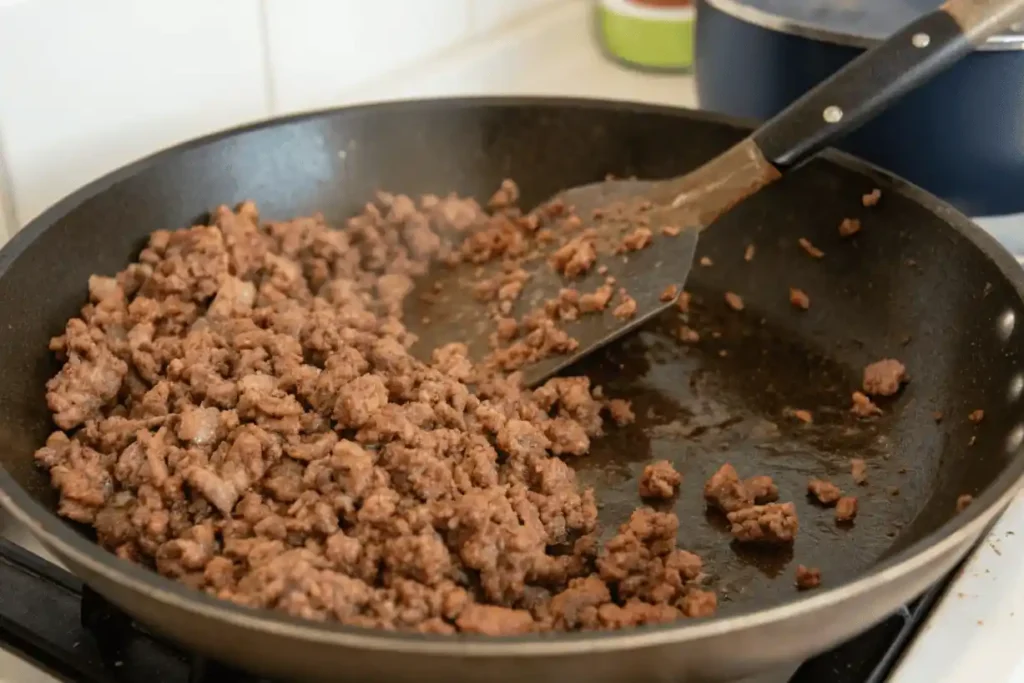 Ground beef browning in a skillet with a spatula during cooking process