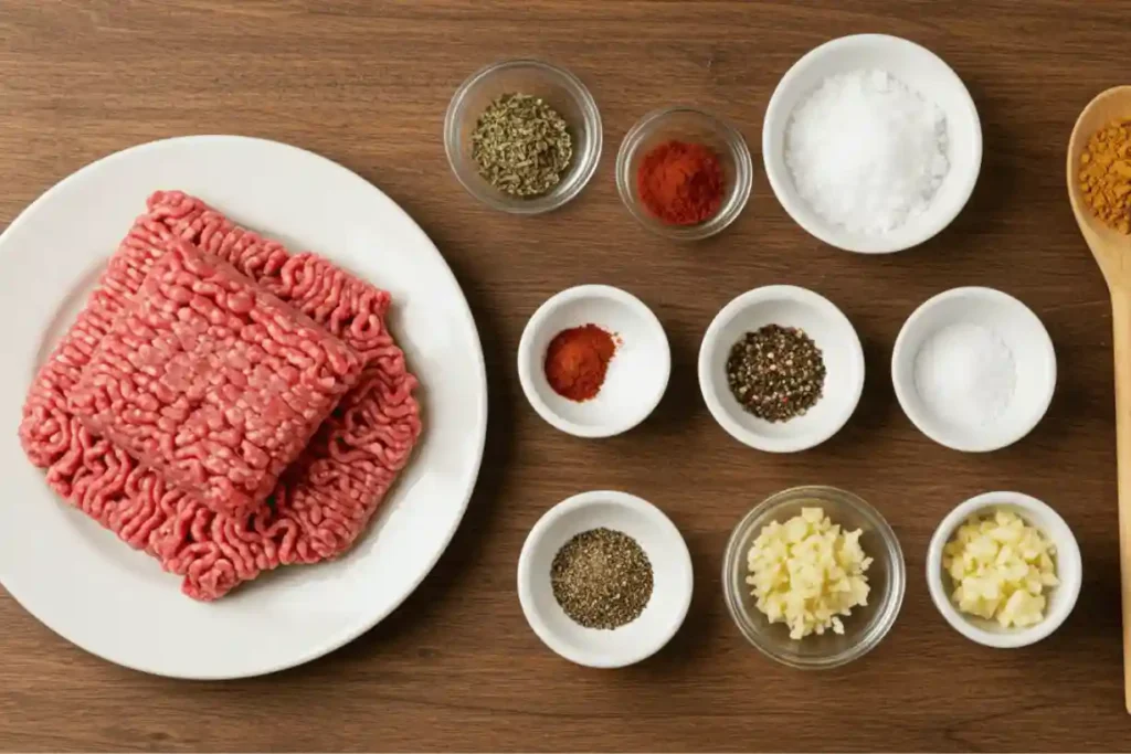 Fresh ground beef with chili powder, dried basil, salt, pepper, onion powder, and minced garlic arranged in bowls on a wooden surface