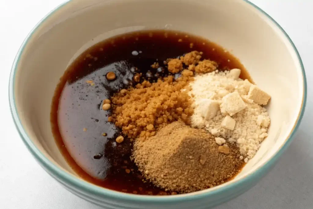 Bowl with soy sauce, brown sugar, cornstarch, and seasonings for Chinese beef and broccoli sauce