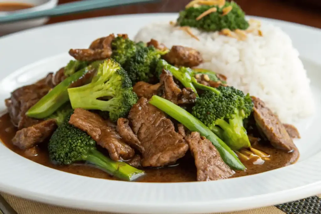 Plate of Chinese beef and broccoli in glossy sauce served with steamed white rice
