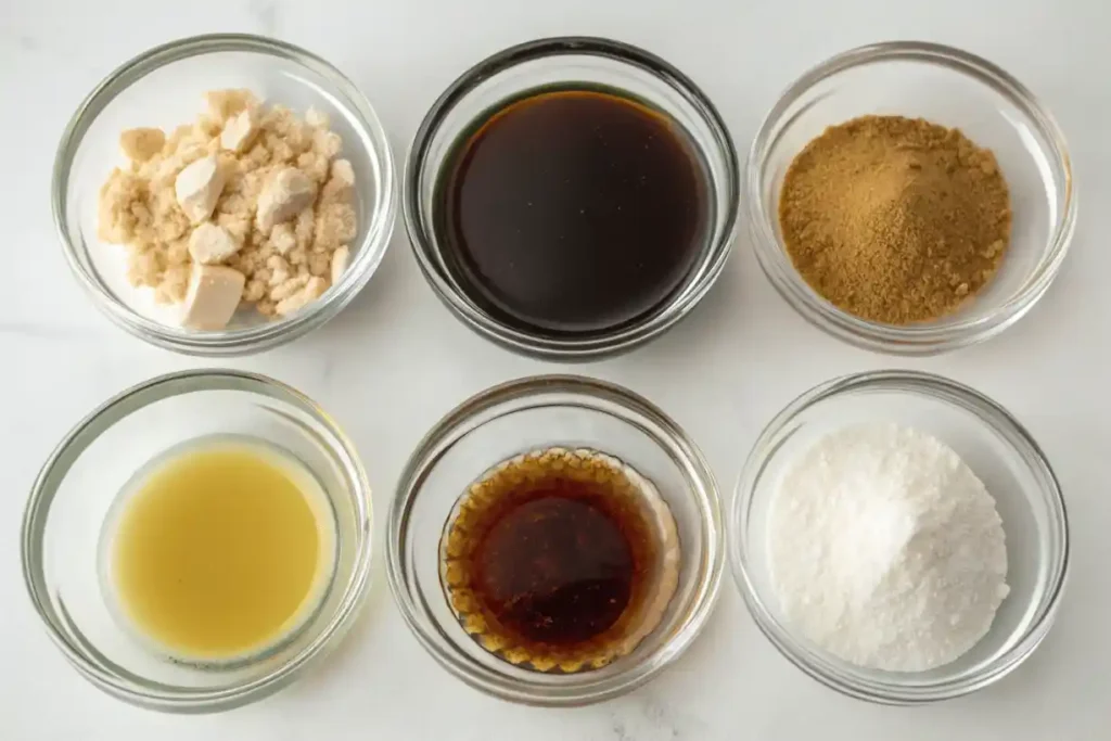 Small glass bowls with chicken stock, soy sauce, dark soy sauce, Shaoxing wine, brown sugar, and cornstarch for Chinese beef and broccoli sauce