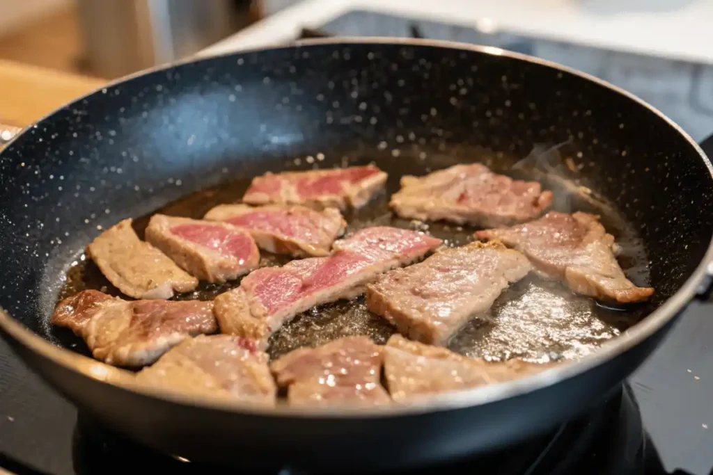 Slices of marinated beef searing in a hot skillet with oil for Chinese beef and broccoli