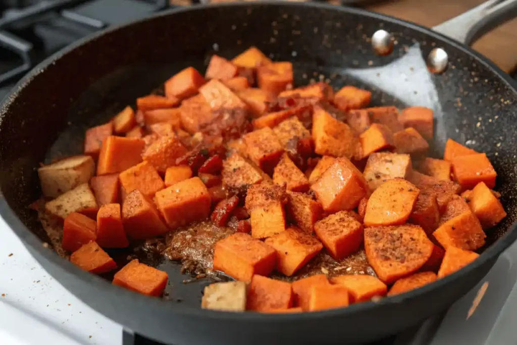 Diced sweet potatoes browning in a skillet with seasoning during cooking