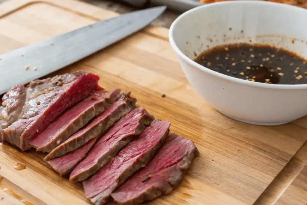 Thin slices of beef cut against the grain on a wooden board with a bowl of marinade sauce for Chinese beef and broccoli