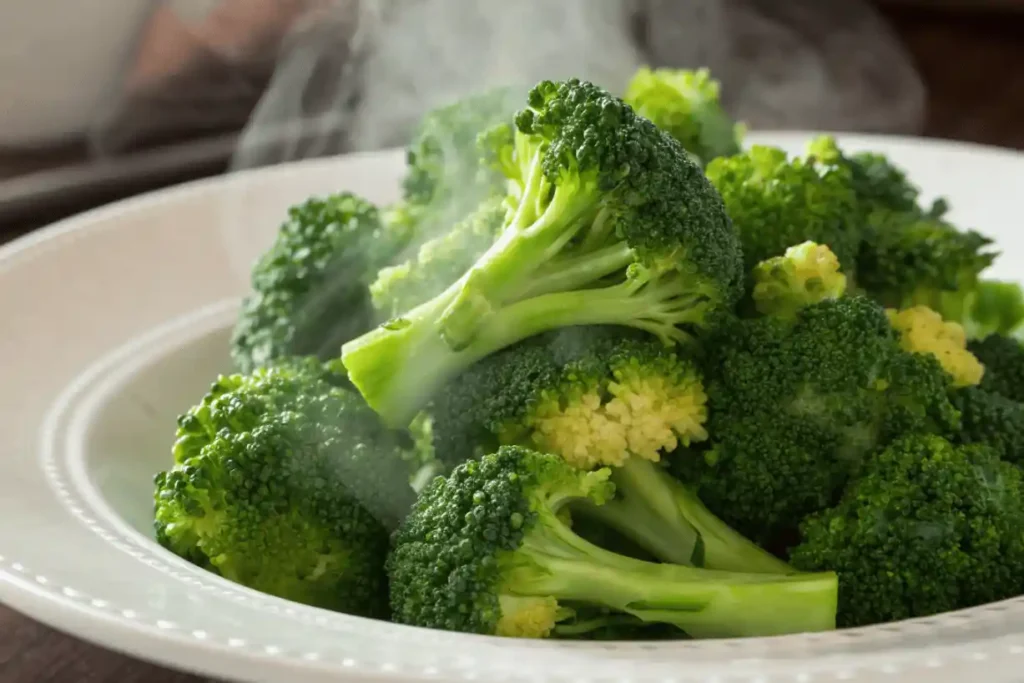Freshly steamed broccoli florets in a white bowl with visible steam rising