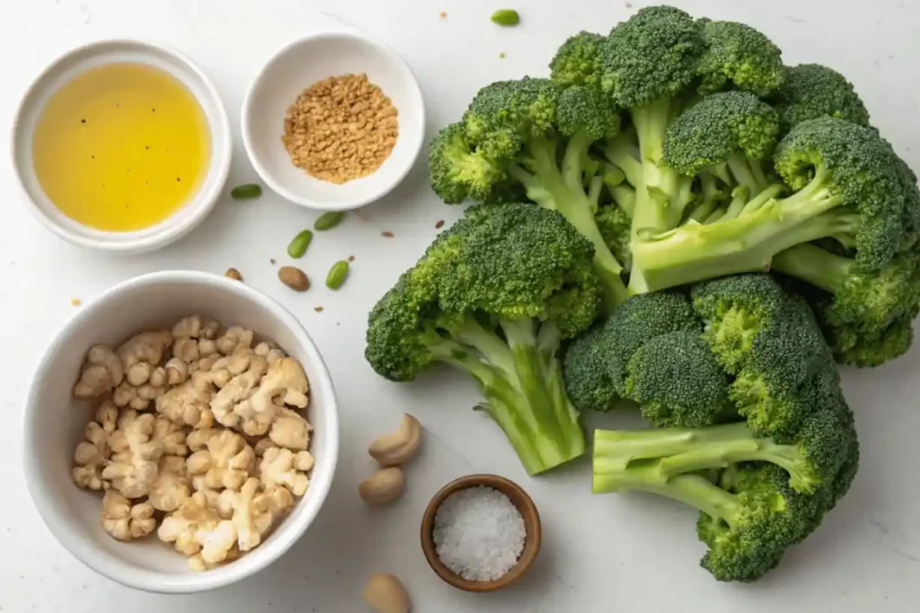 Fresh broccoli florets with small bowls of peanut oil, minced garlic, minced ginger, and salt for Chinese beef and broccoli stir fry