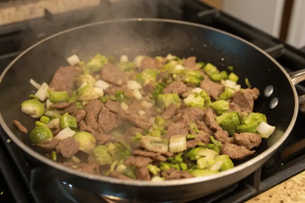 Beef slices cooking with chopped Brussels sprouts and onions in a skillet