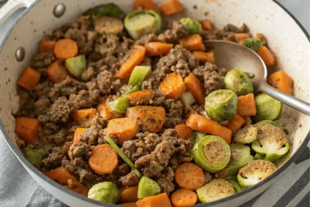 Ground beef with carrots and Brussels sprouts cooking in a large skillet