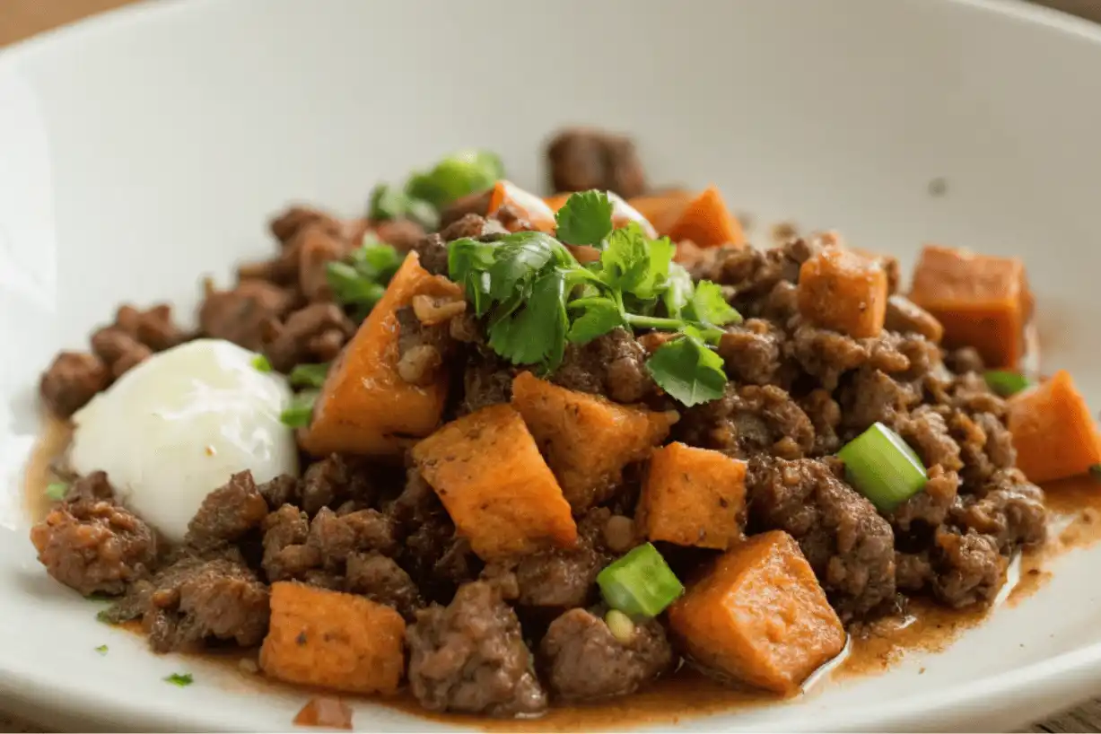 Plated ground beef and sweet potato cubes topped with fresh cilantro and green onions, served with sour cream