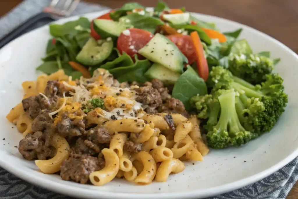 Healthy Homemade Hamburger Helper served with salad and broccoli compared to boxed mix.