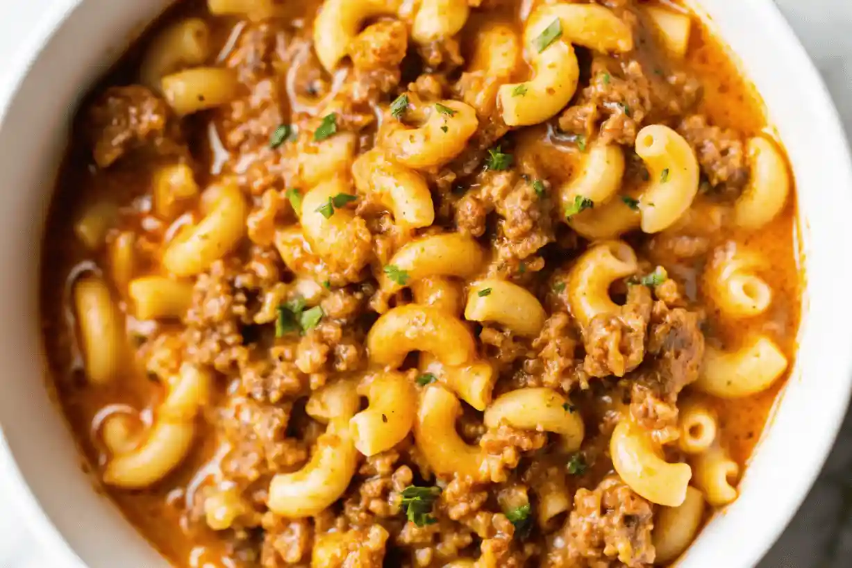 Plate of Homemade Hamburger Helper with pasta, beef, and melted cheese.