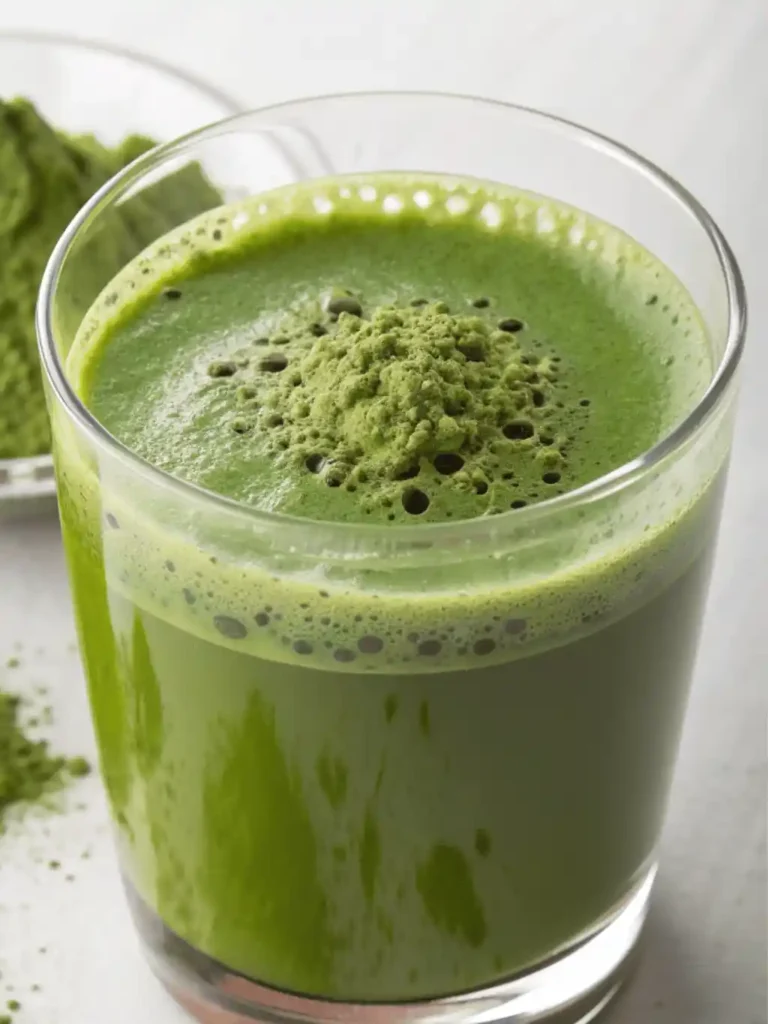 Refreshing Japanese Mounjaro recipe drink with vibrant matcha, topped with powdered matcha in a glass