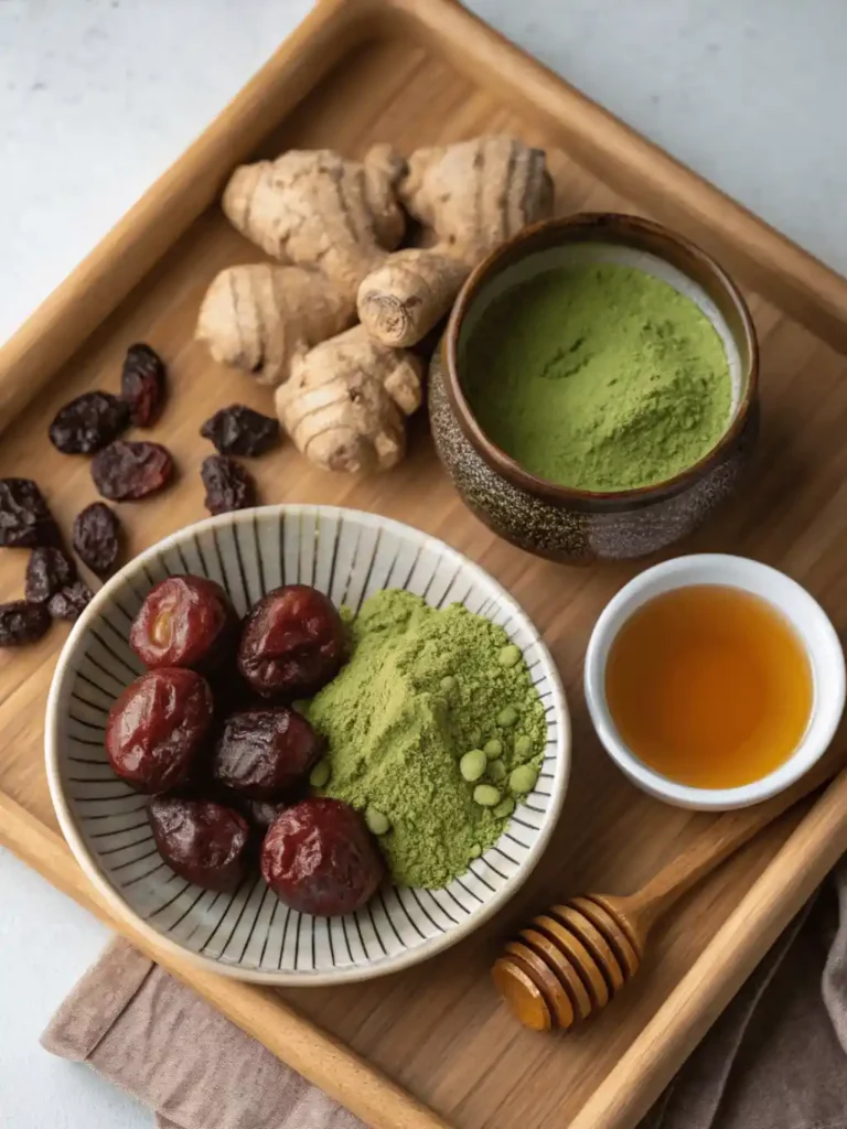 Key ingredients of Japanese Mounjaro recipe: matcha, umeboshi, ginger, honey, and warm water