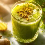 Fresh Japanese Mounjaro recipe drink with matcha, umeboshi, and ginger on wooden table
